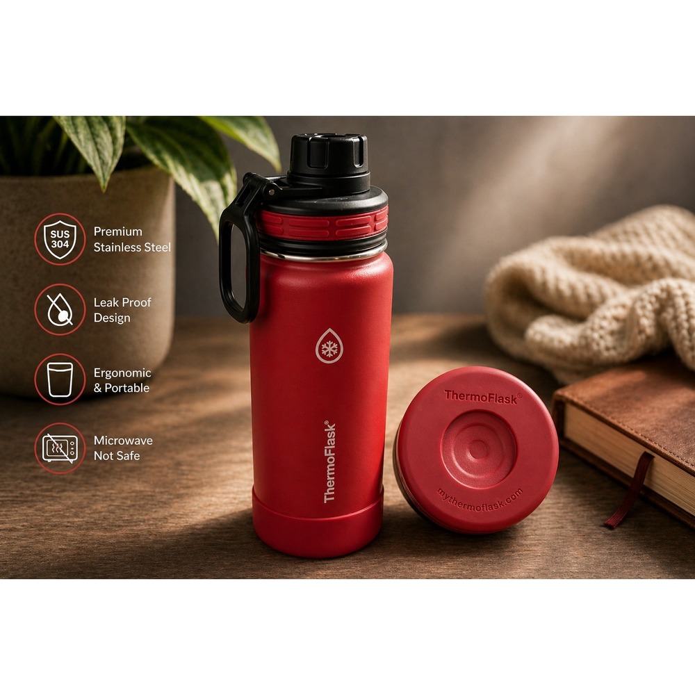 ThermoFlask Red Insulated Stainless Steel Water Bottle 24oz Spout Lid Bumper